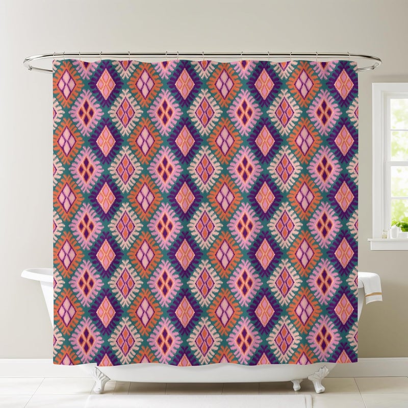 Worthwhile Goods Pink Ikat Print Shower Curtain, Bathroom Decor, Boho Colorful Modern Fabric Shower Curtain 72x72 Inches (Ikat) - Image 2